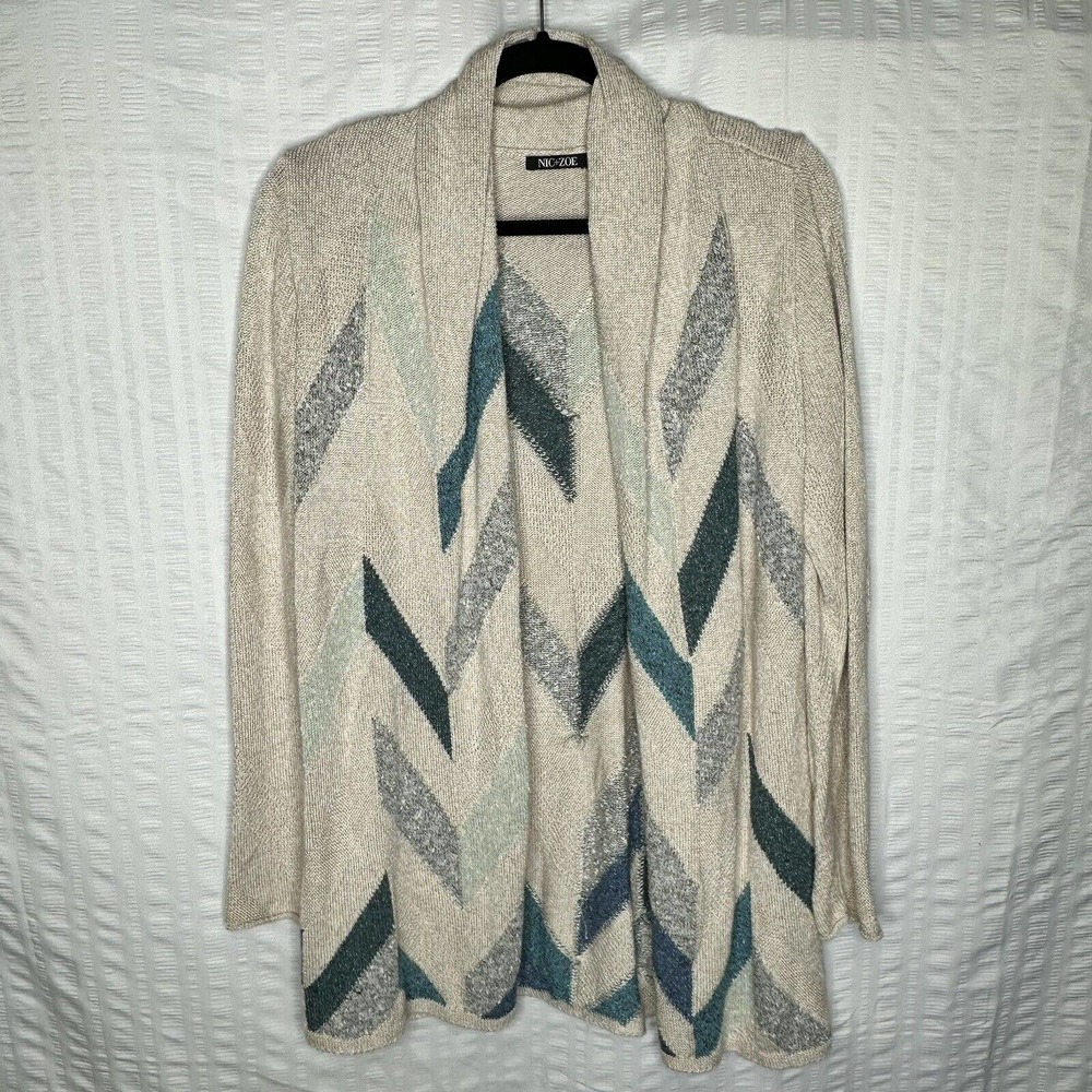 Nic Zoe Sweater Womens Small Blue Tan Chevron Long Sleeve Open Front Cardigan